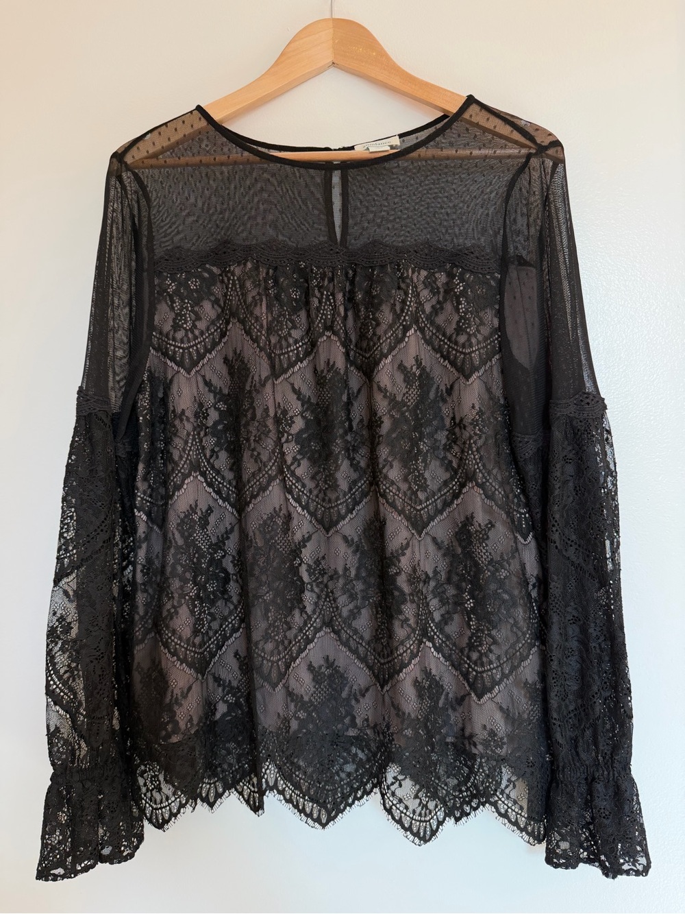 Sundance Sz L Black Floral Lace Long Sleeve Top Bell Sleeve Flared Romantic Boho